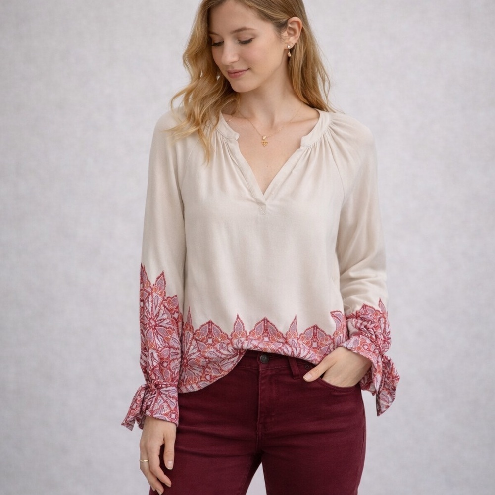 Ella Moss Peasant Top Split Neck Tie Sleeve Small Boho Cottagecore Bohemian